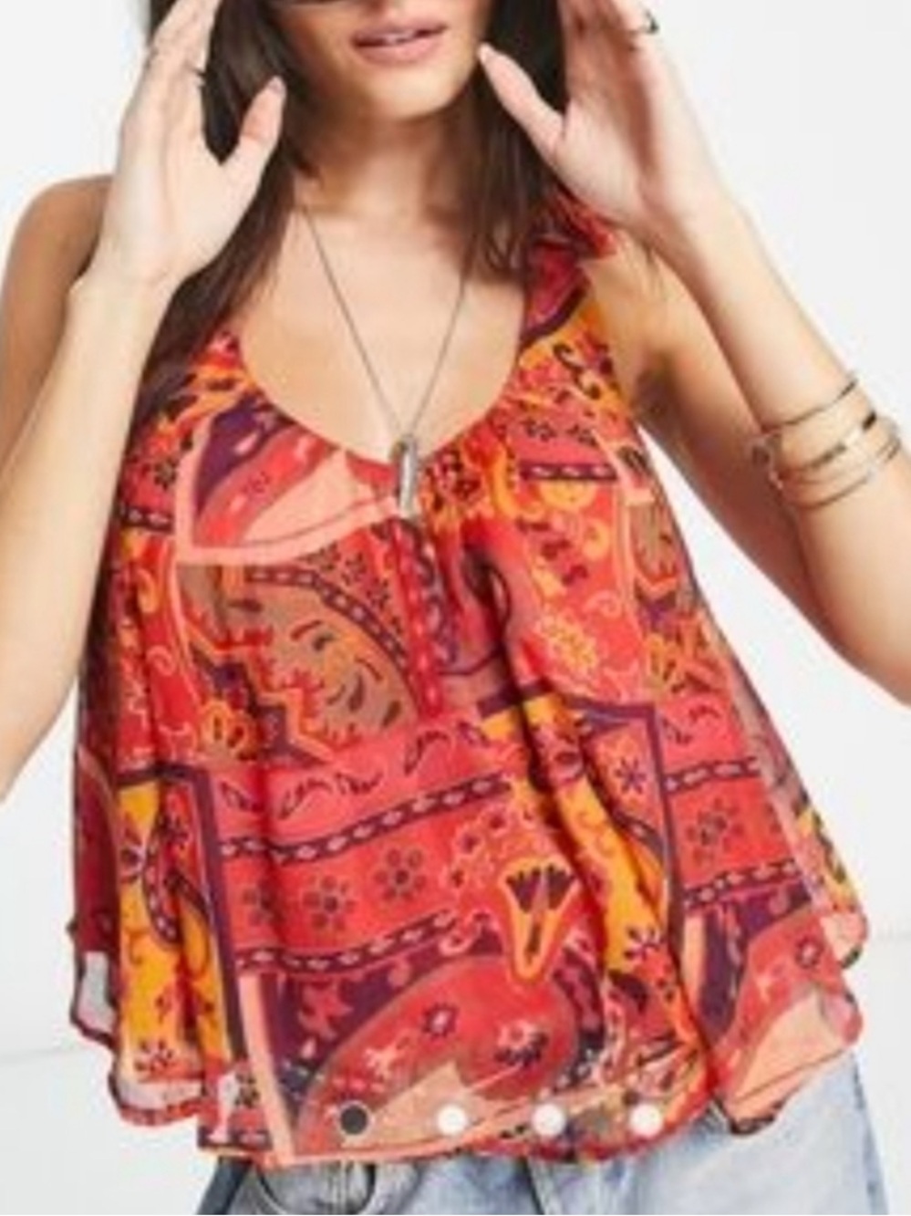 Free People Boho Paisley Red Orange Racerback Medium Tank Top